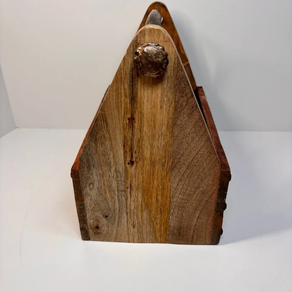 Rustic Pine Wooden Tote Box Antler Handle Primitive Farmhouse Tool Utensil Caddy